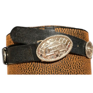 📣90s  Mondi Black Leather Belt Silver Round Logo Design Size 40 Germany M/L Fit